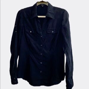 Express Button Up Silk Tab Sleeve Black Shirt​​​​​​​​​​​​​​​​